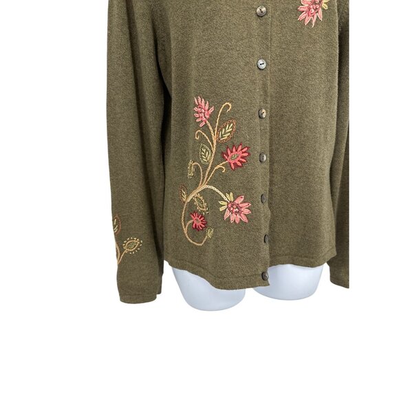 Talbots Floral Embroidered Button-Up Olive Green Long Sleeve Cardigan SizeM - Picture 2 of 11